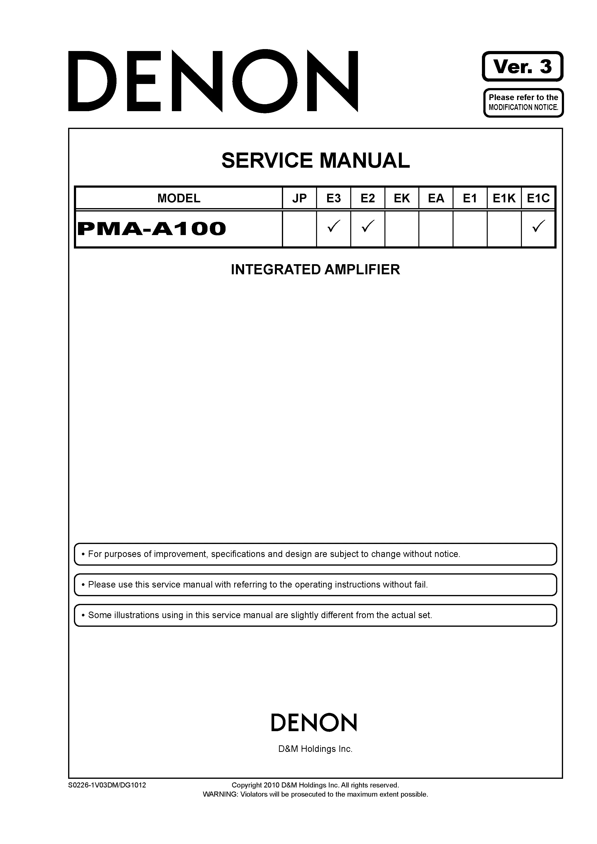 Denon pma a100 service manual cover with photo of the receiver, model type and code, manual contents.