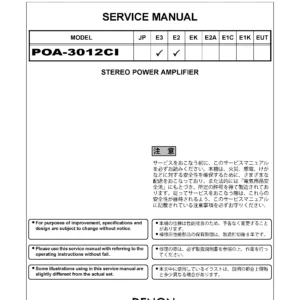 Denon poa 3012ci service manual cover with photo of the receiver, model type and code, manual contents.
