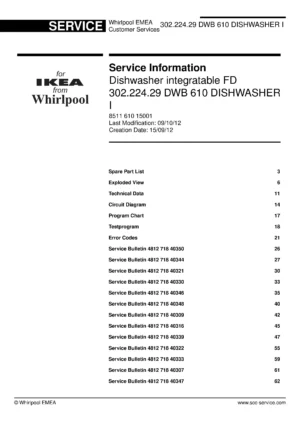 Ikea 302.224.29 dwb 610 (79) service manual integrated dishwasher showing service information and table of contents with spare parts list, exploded view, circuit diagram, program chart, test program, error codes, and service bulletins.