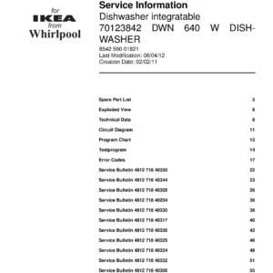 Ikea 70123842 dwn 640 w (81) service manual integrated dishwasher showing service information and table of contents with spare parts list, exploded view, circuit diagram, program chart, test program, error codes, and service bulletins.
