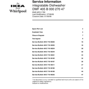 Ikea dwf 405 b 000 270 47 (49) service manual integrated dishwasher showing service information and table of contents with spare parts list, exploded view, circuit diagram, program chart, test program, error codes, and service bulletins.