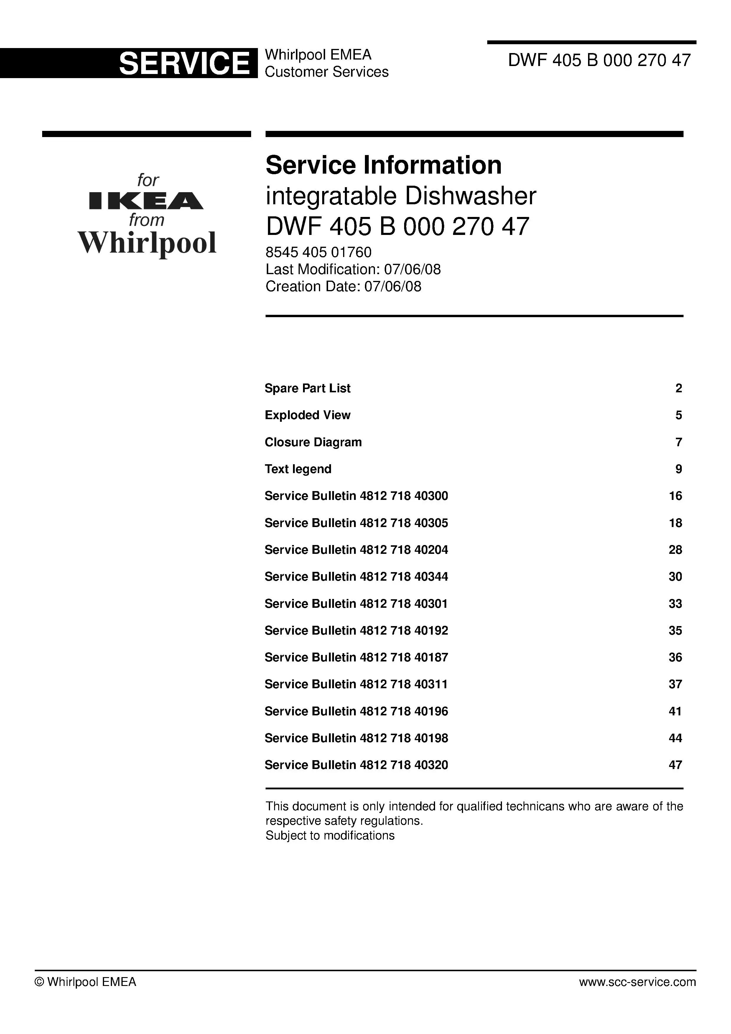 Ikea dwf 405 b 000 270 47 (49) service manual integrated dishwasher showing service information and table of contents with spare parts list, exploded view, circuit diagram, program chart, test program, error codes, and service bulletins.