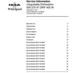 Ikea dwf 405 w (60) service manual integrated dishwasher showing service information and table of contents with spare parts list, exploded view, circuit diagram, program chart, test program, error codes, and service bulletins.