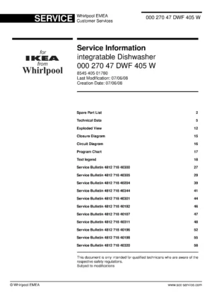 Ikea dwf 405 w (60) service manual integrated dishwasher showing service information and table of contents with spare parts list, exploded view, circuit diagram, program chart, test program, error codes, and service bulletins.