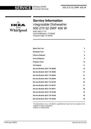 Ikea dwf 406 w (50) service manual integrated dishwasher showing service information and table of contents with spare parts list, exploded view, circuit diagram, program chart, test program, error codes, and service bulletins.