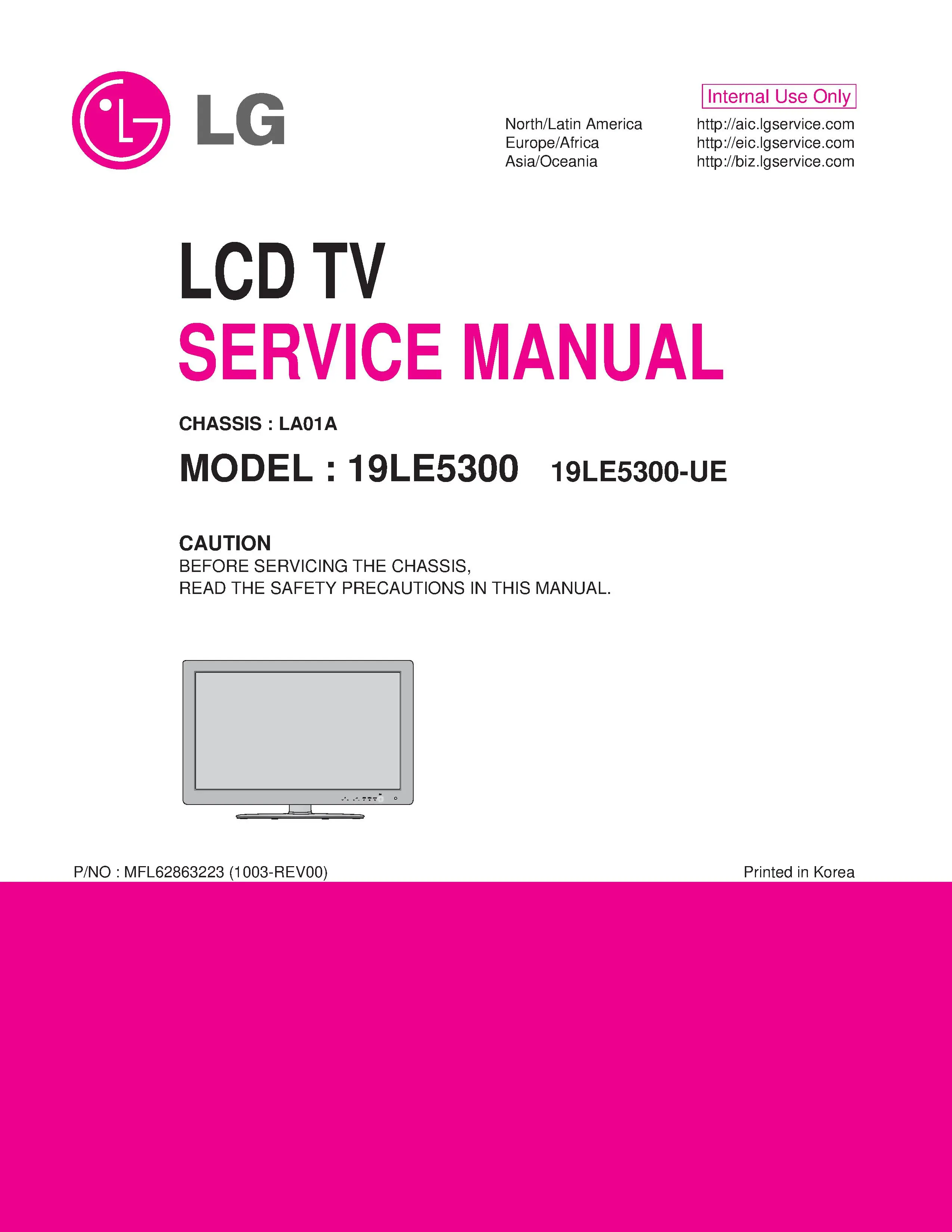Lg 19le5300 service manual cover with photo's of Beko dryers, model code and contents