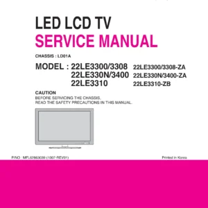 Lg 22le3300 3308 22le330n 3400 22le3310 service manual cover with photo's of Beko dryers, model code and contents