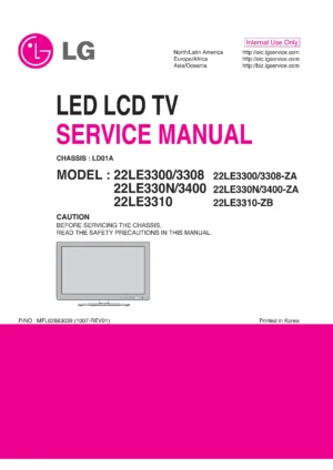 Lg 22le3300 3308 22le330n 3400 22le3310 service manual cover with photo's of Beko dryers, model code and contents
