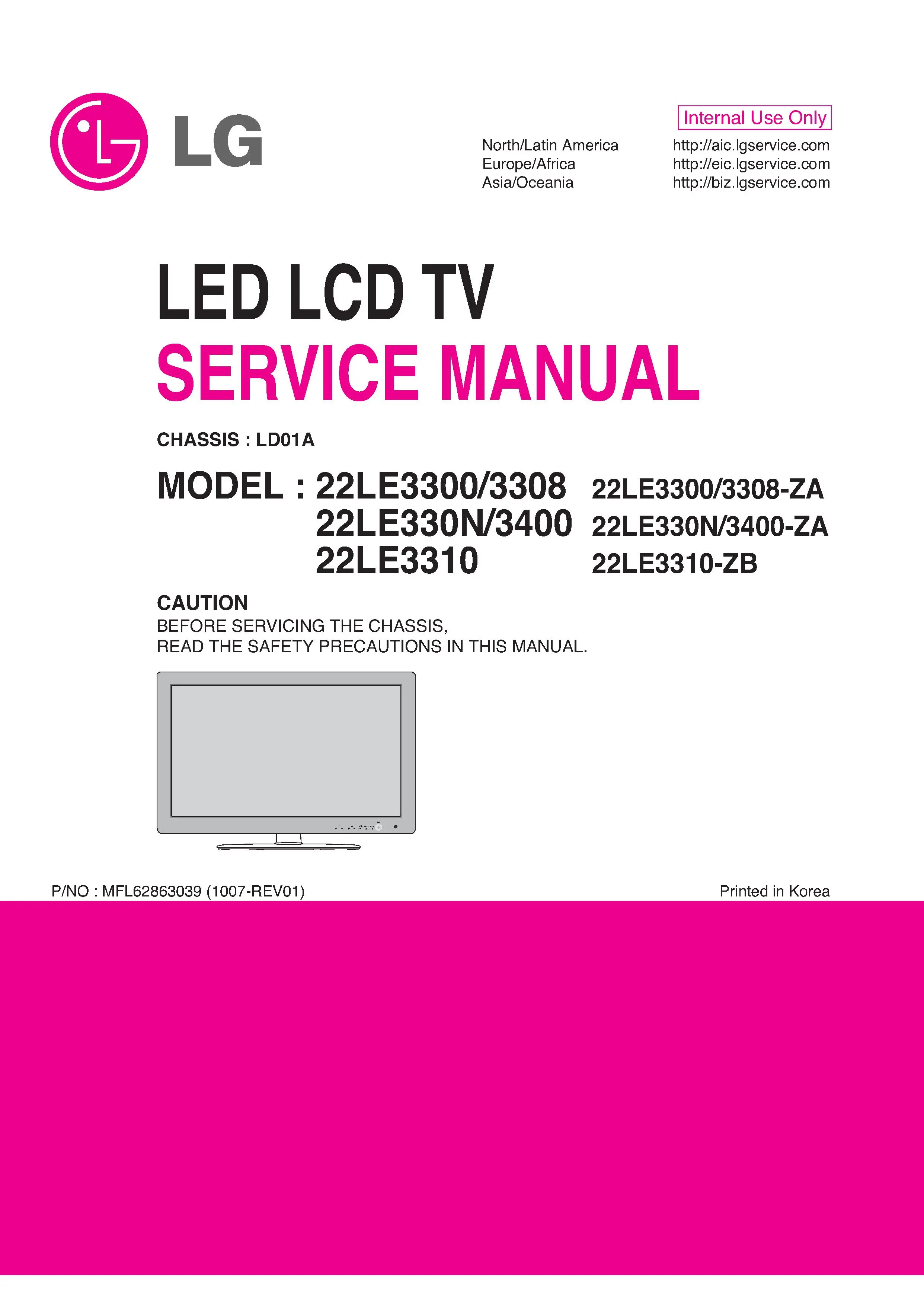 Lg 22le3300 3308 22le330n 3400 22le3310 service manual cover with photo's of Beko dryers, model code and contents