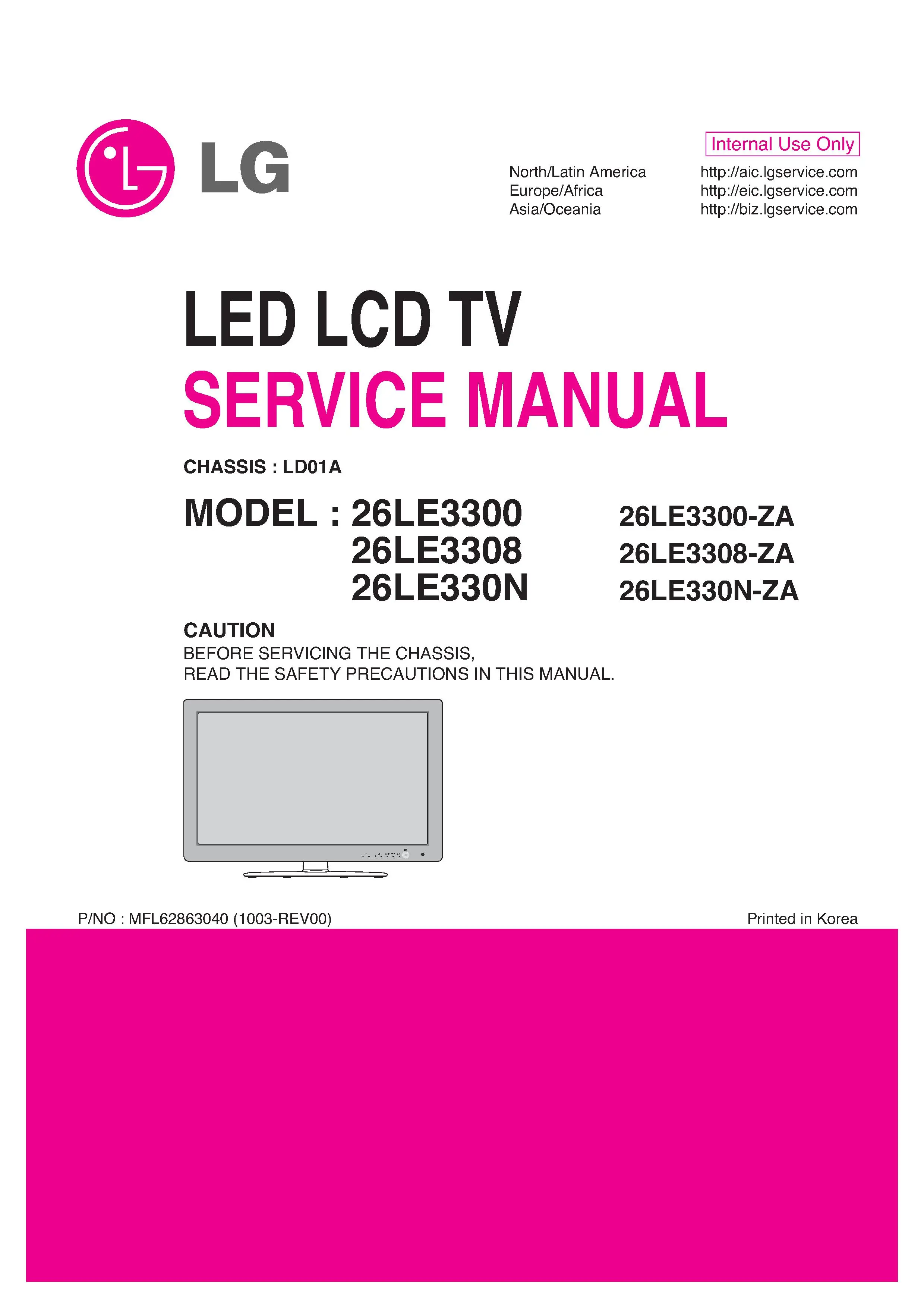 Lg 26le3300 26le3308 26le330n service manual cover with photo's of Beko dryers, model code and contents