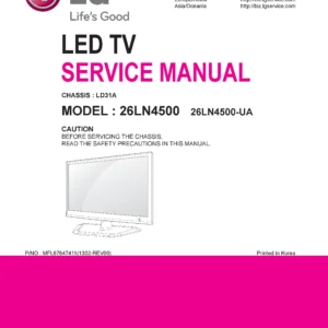 Lg 26ln4500 ua service manual cover with photo's of Beko dryers, model code and contents