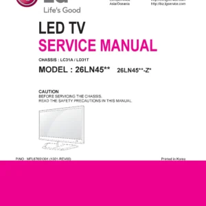 Lg 26ln450b service manual cover with photo's of Beko dryers, model code and contents