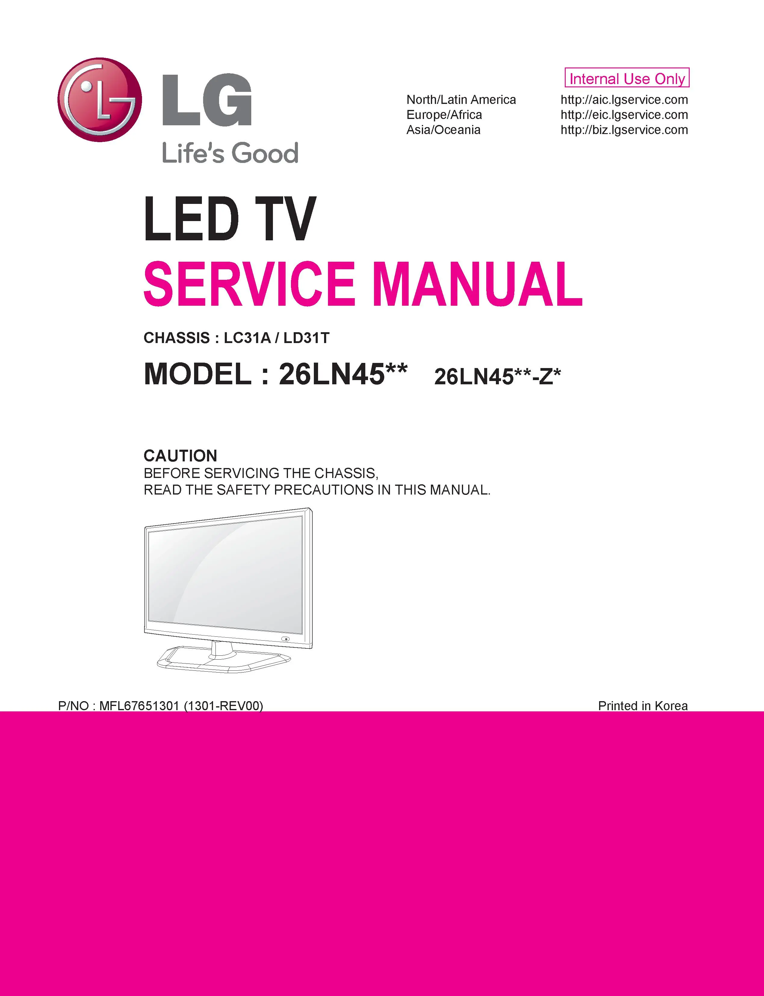Lg 26ln450b service manual cover with photo's of Beko dryers, model code and contents