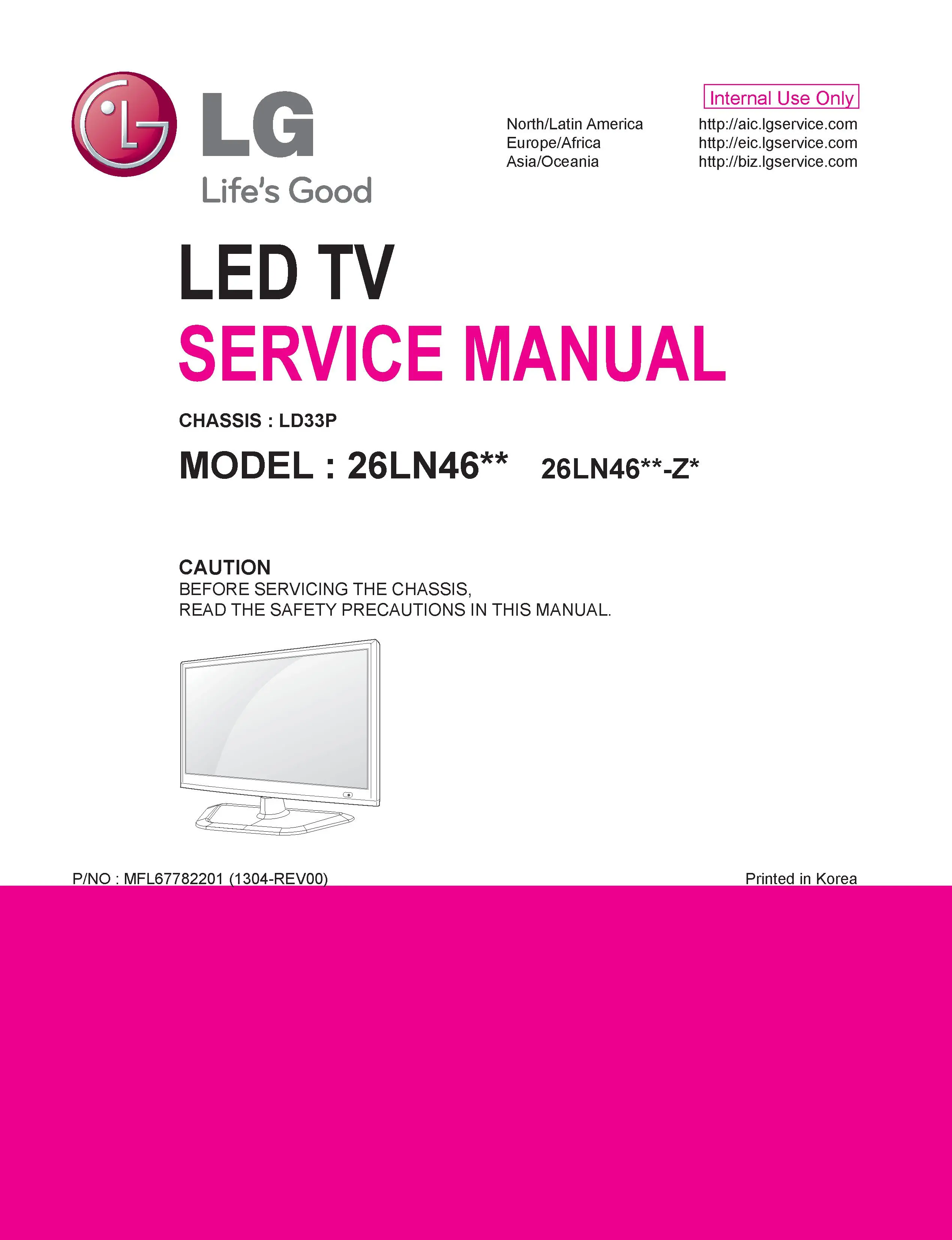 Lg 26ln460r service manual cover with photo's of Beko dryers, model code and contents