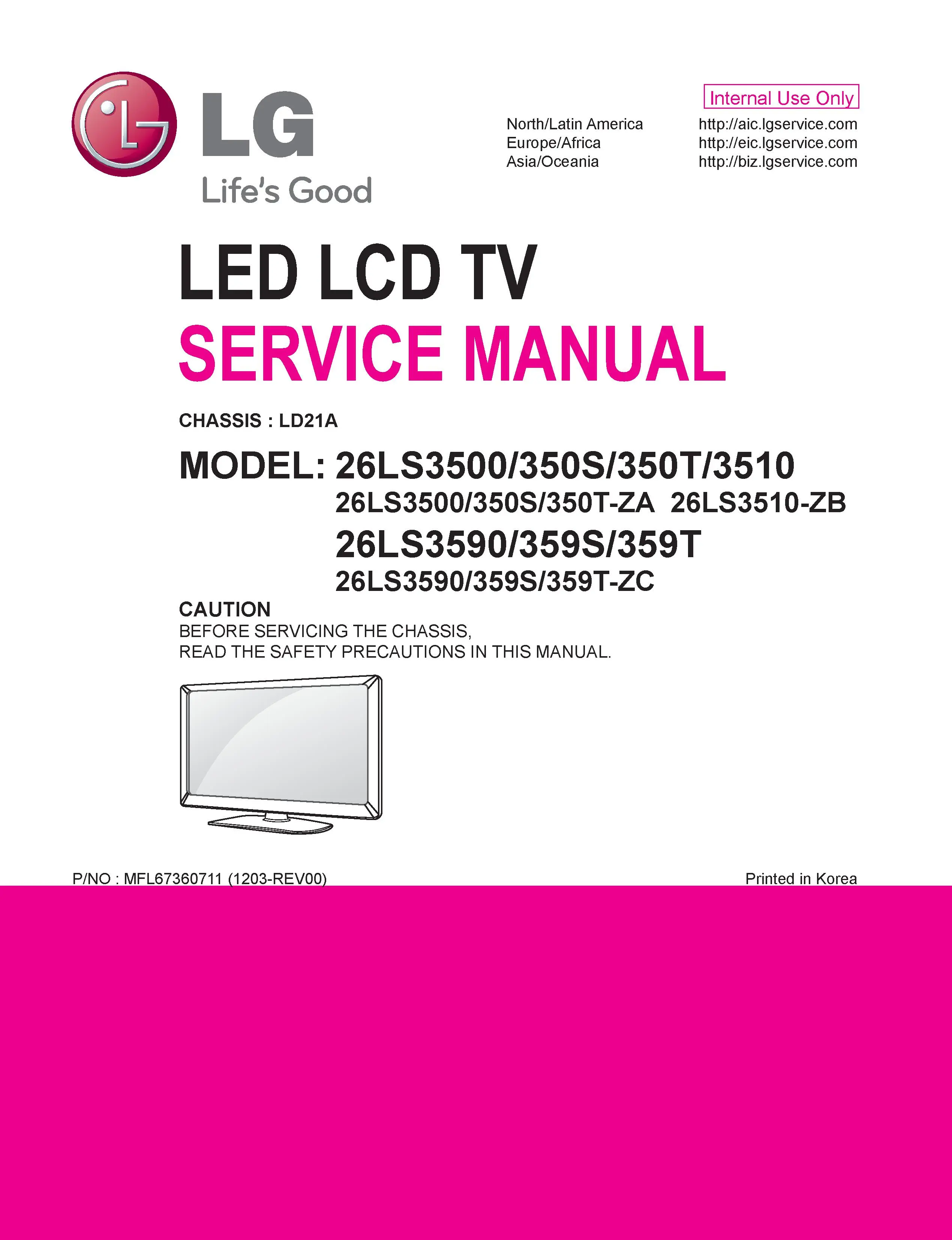 Lg 26ls3500 za service manual cover with photo's of Beko dryers, model code and contents