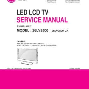 Lg 26lv2500 ua service manual cover with photo's of Beko dryers, model code and contents