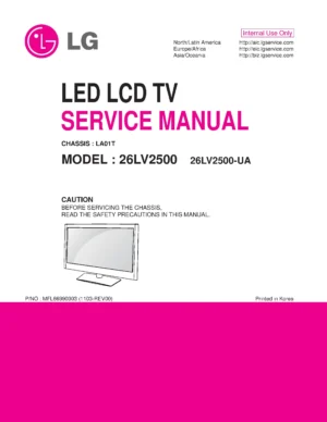 Lg 26lv2500 ua service manual cover with photo's of Beko dryers, model code and contents