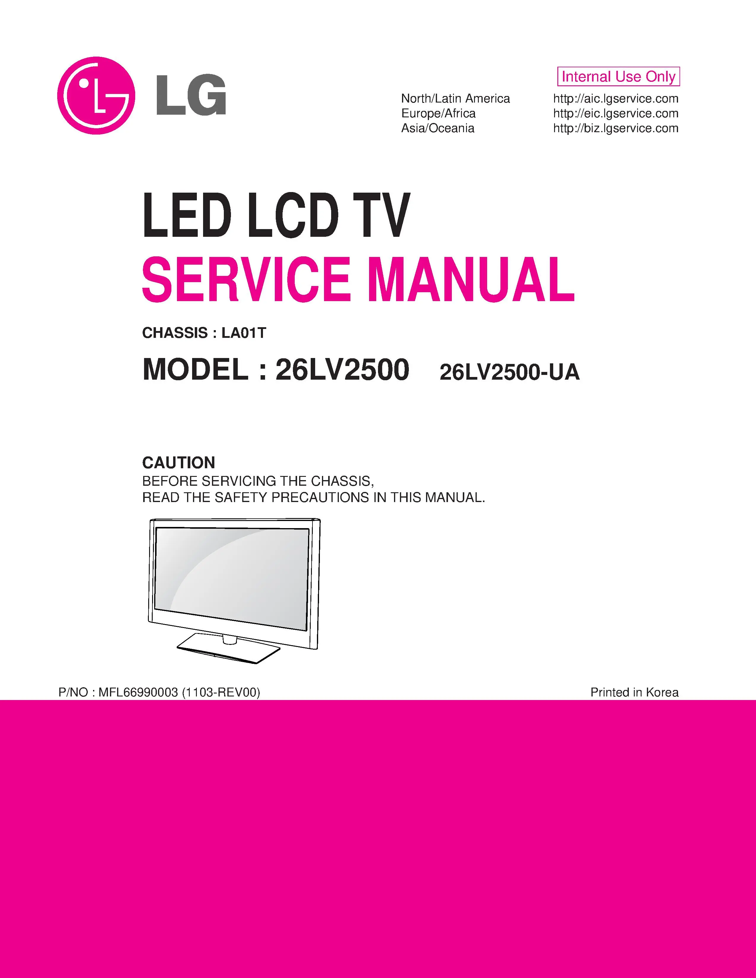 Lg 26lv2500 ua service manual cover with photo's of Beko dryers, model code and contents