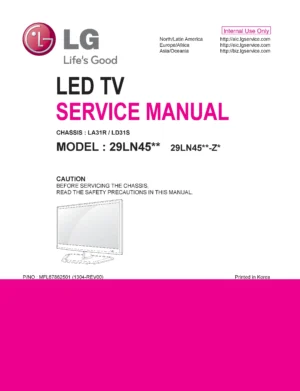 Lg 29ln4503 service manual cover with photo's of Beko dryers, model code and contents
