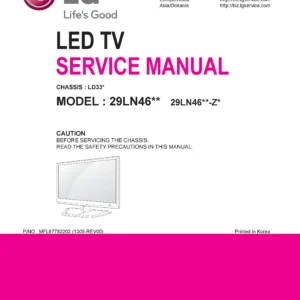 Lg 29ln460r service manual cover with photo's of Beko dryers, model code and contents