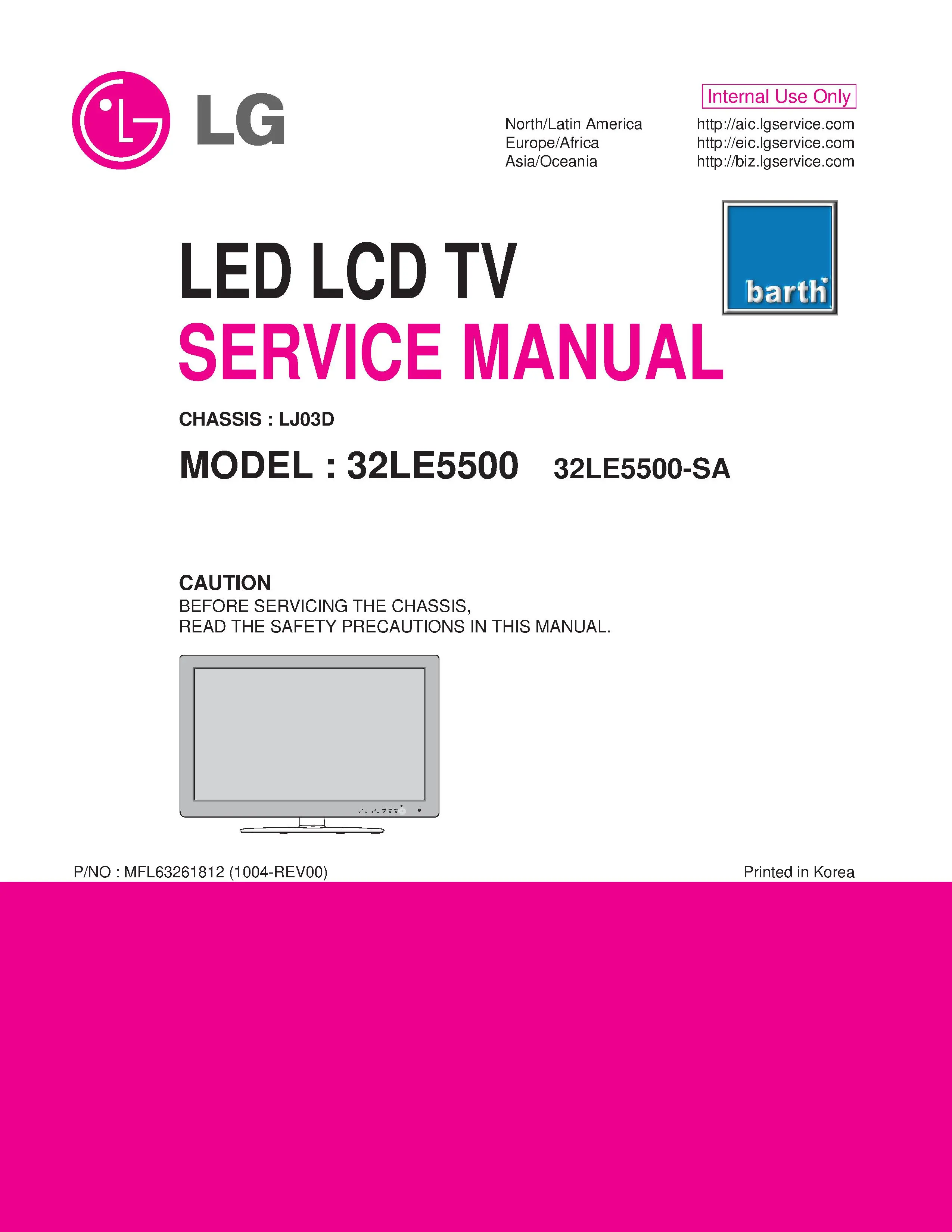 Lg 32le5500 sa service manual cover with photo's of Beko dryers, model code and contents