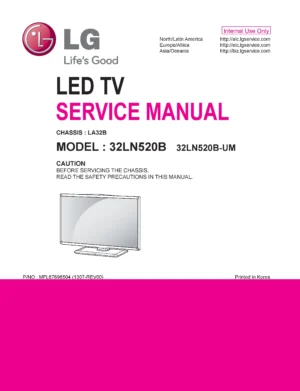 Lg 32ln520b um service manual cover with photo's of Beko dryers, model code and contents