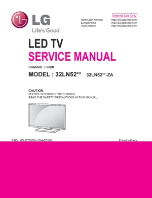 Lg 32ln520b za service manual cover with photo's of Beko dryers, model code and contents