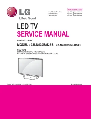 Lg 32ln530b service manual cover with photo's of Beko dryers, model code and contents