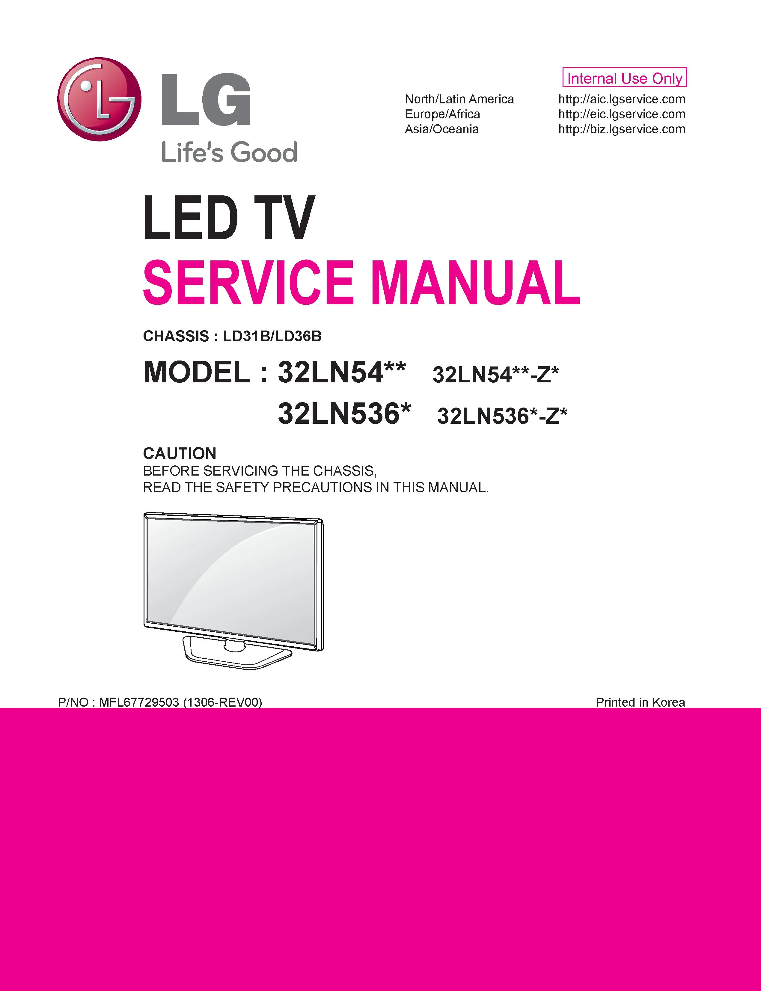 Lg 32ln5405 service manual cover with photo's of Beko dryers, model code and contents