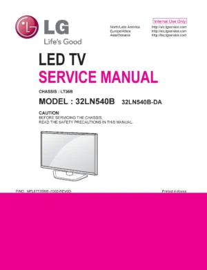 Lg 32ln540b da service manual cover with photo's of Beko dryers, model code and contents