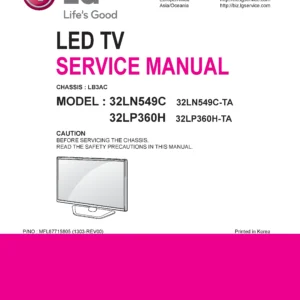 Lg 32lp360h 32ln549c service manual cover with photo's of Beko dryers, model code and contents