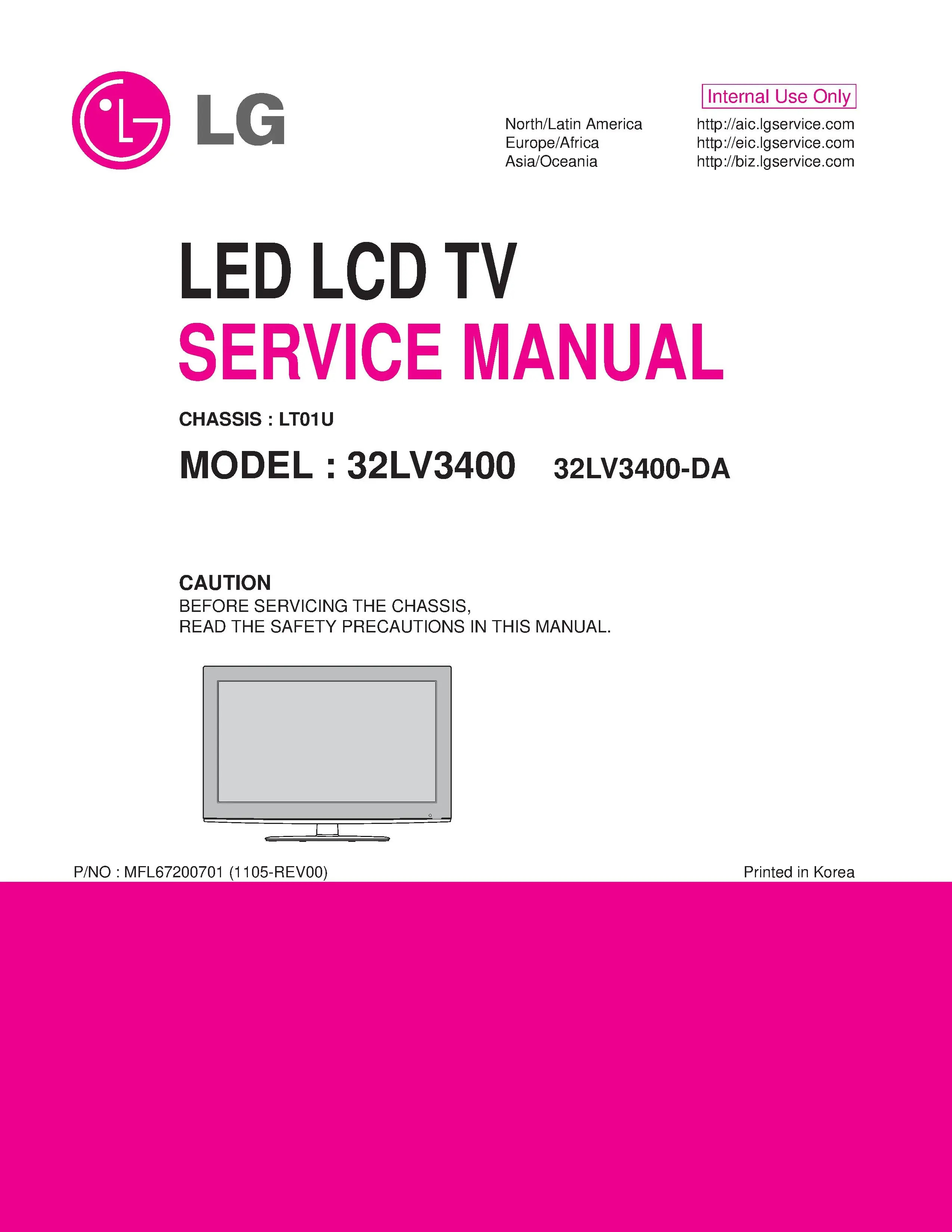 Lg 32lv3400 da service manual cover with photo's of Beko dryers, model code and contents