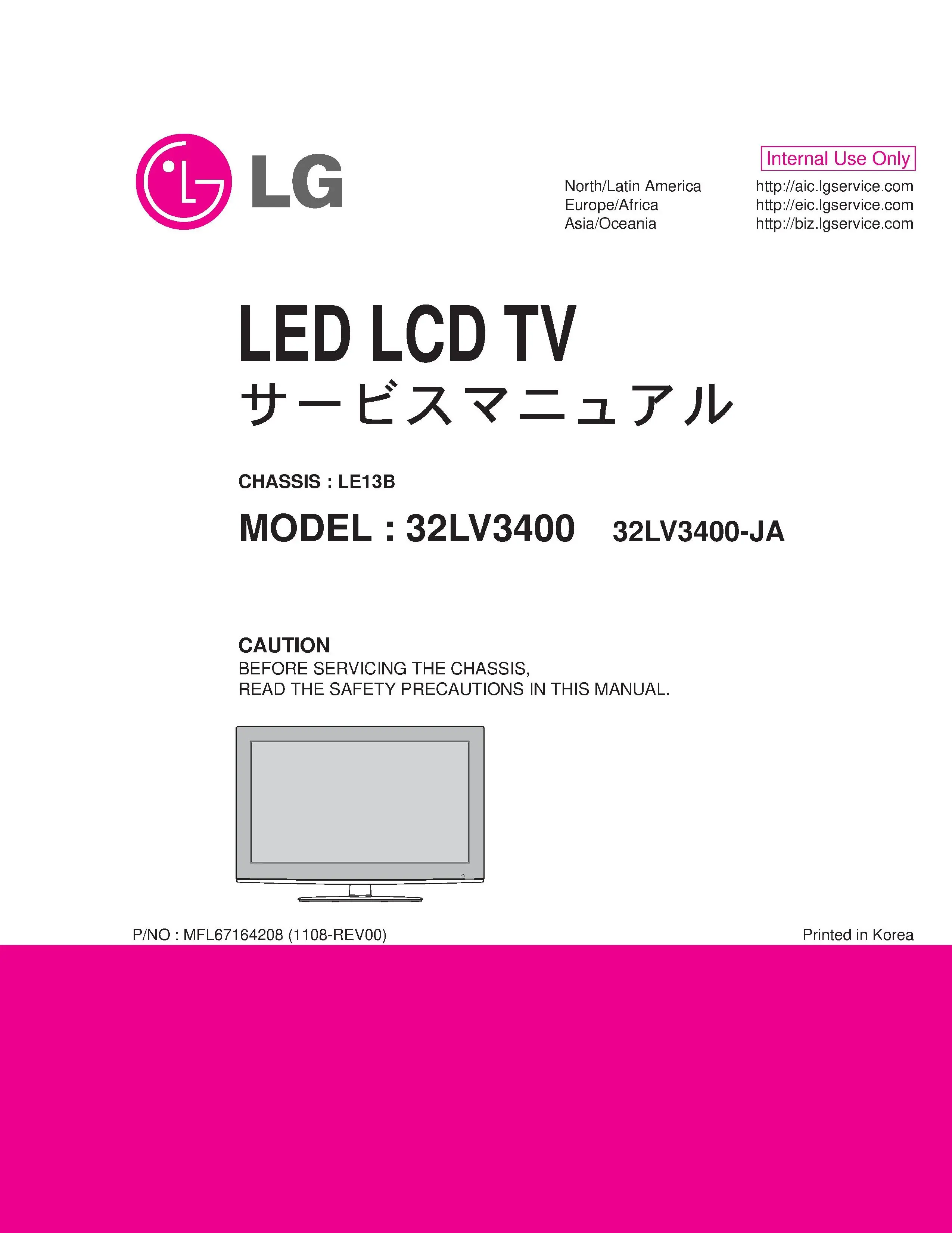 Lg 32lv3400 ja service manual cover with photo's of Beko dryers, model code and contents