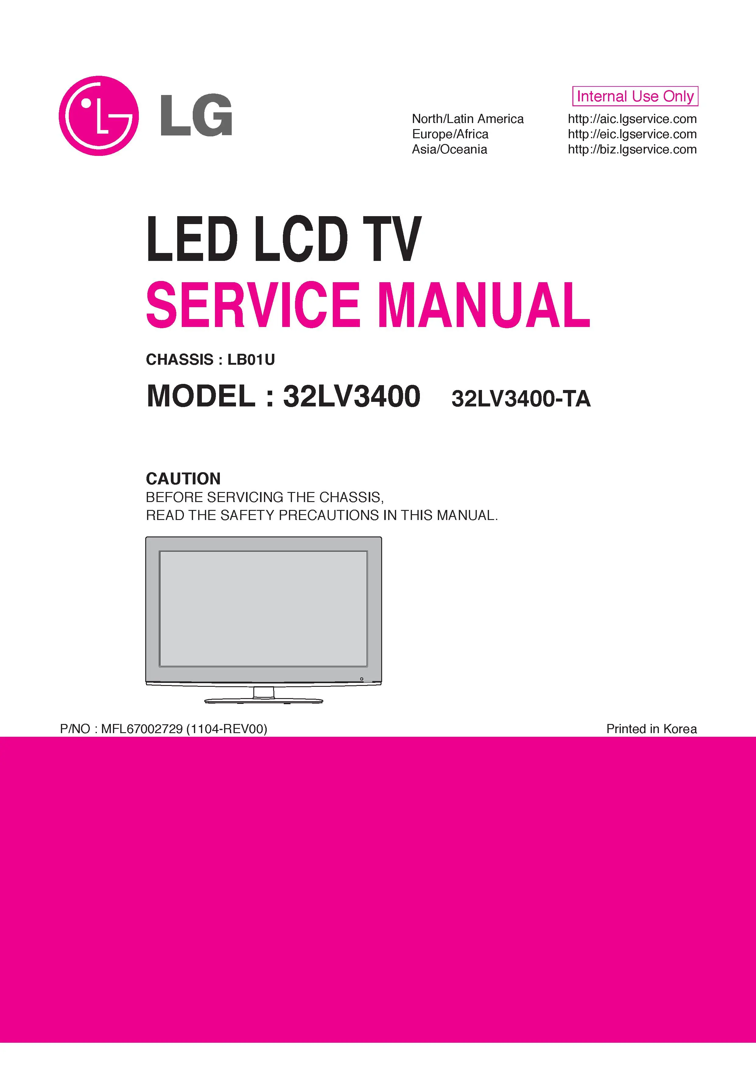 Lg 32lv3400 ta service manual cover with photo's of Beko dryers, model code and contents