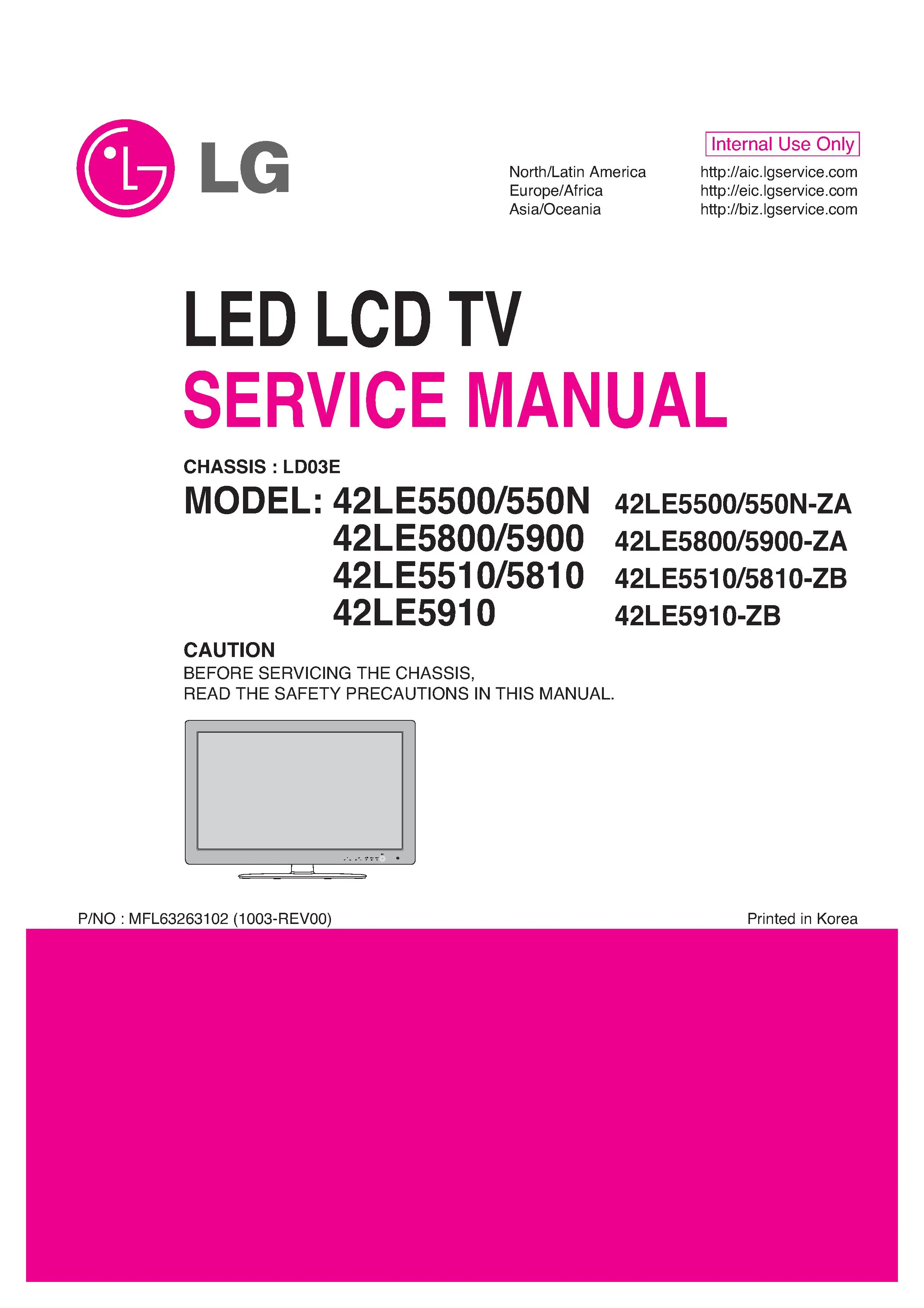 Lg 42le5510 42le5810 service manual cover with photo's of Beko dryers, model code and contents