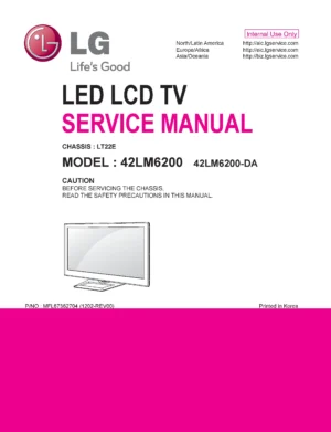 Lg 42lm6200 da service manual cover with photo's of Beko dryers, model code and contents