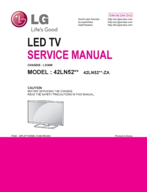 Lg 42ln5200 za service manual cover with photo's of Beko dryers, model code and contents