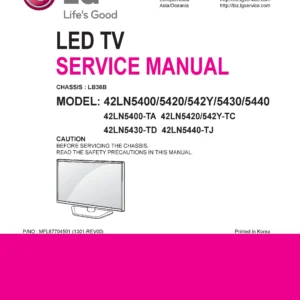 Lg 42ln5400 ta service manual cover with photo's of Beko dryers, model code and contents