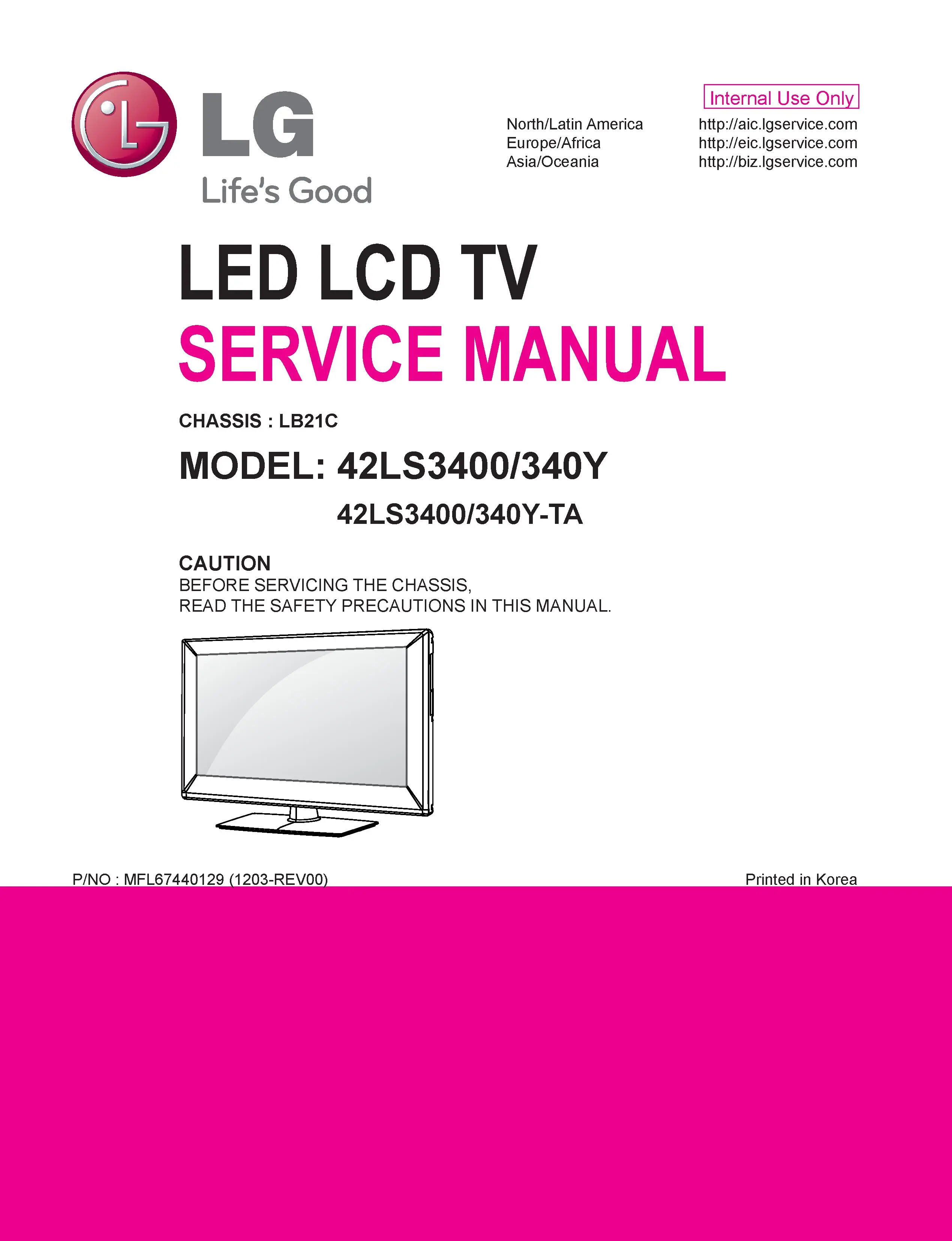 Lg 42ls3400 ta service manual cover with photo's of Beko dryers, model code and contents