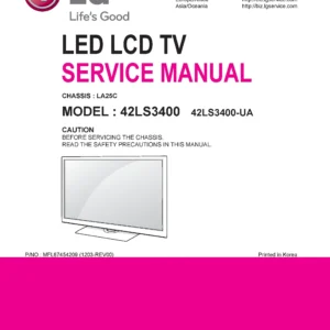 Lg 42ls3400 ua service manual cover with photo's of Beko dryers, model code and contents