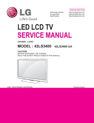 Lg 42ls3400 ua service manual cover with photo's of Beko dryers, model code and contents