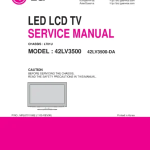 Lg 42lv3500 da service manual cover with photo's of Beko dryers, model code and contents