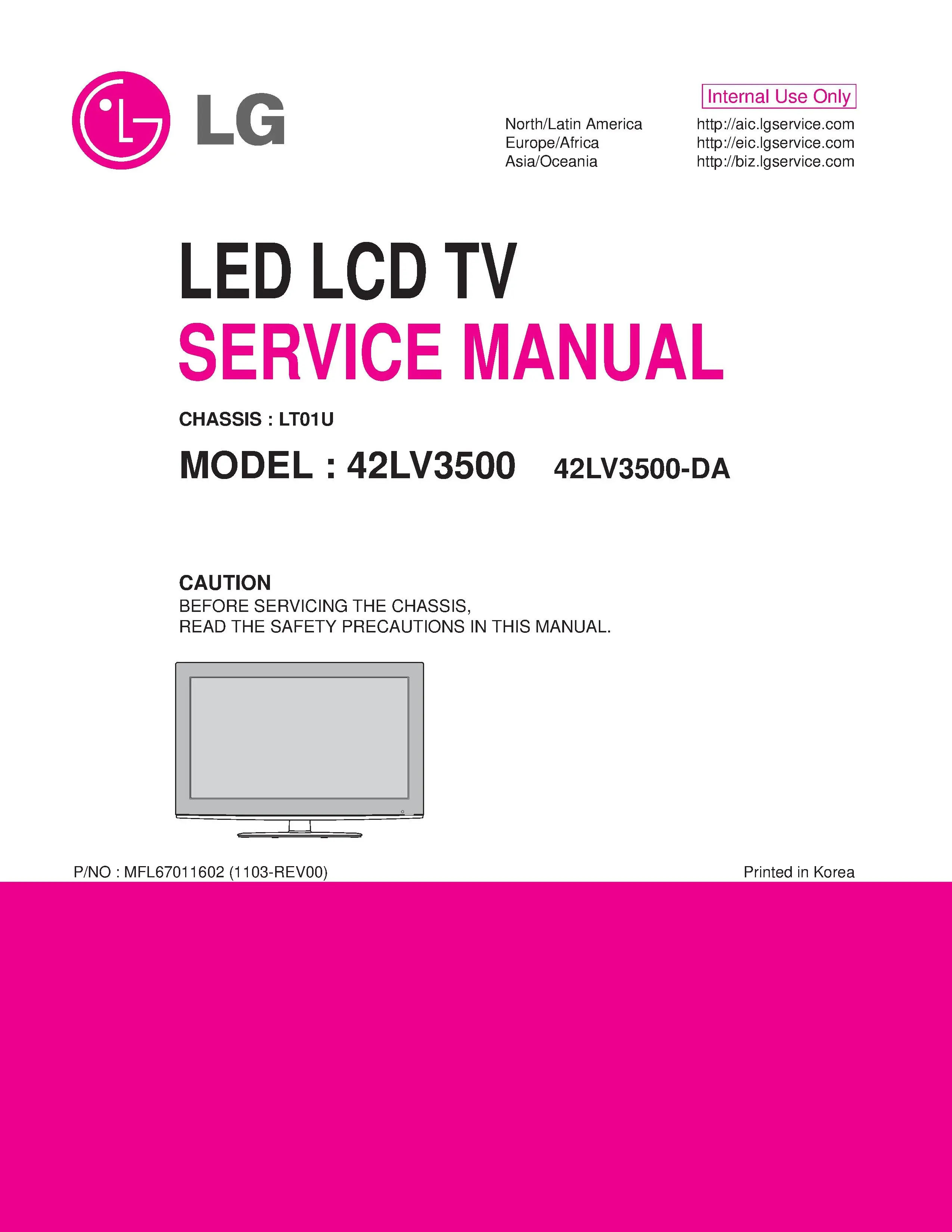 Lg 42lv3500 da service manual cover with photo's of Beko dryers, model code and contents