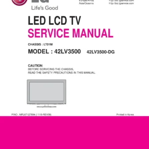 Lg 42lv3500 dg service manual cover with photo's of Beko dryers, model code and contents