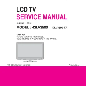 Lg 42lv3500 ta service manual cover with photo's of Beko dryers, model code and contents