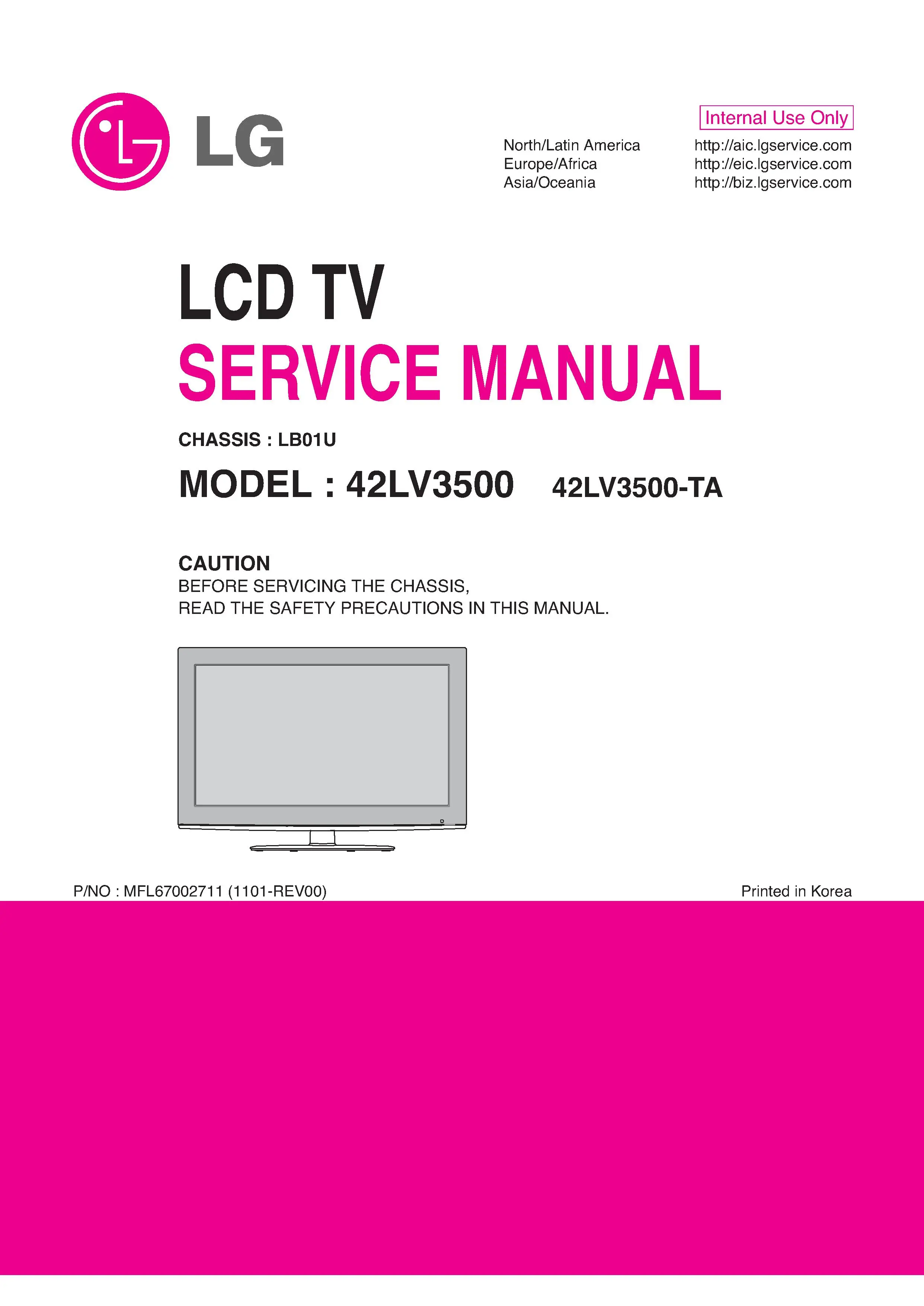 Lg 42lv3500 ta service manual cover with photo's of Beko dryers, model code and contents
