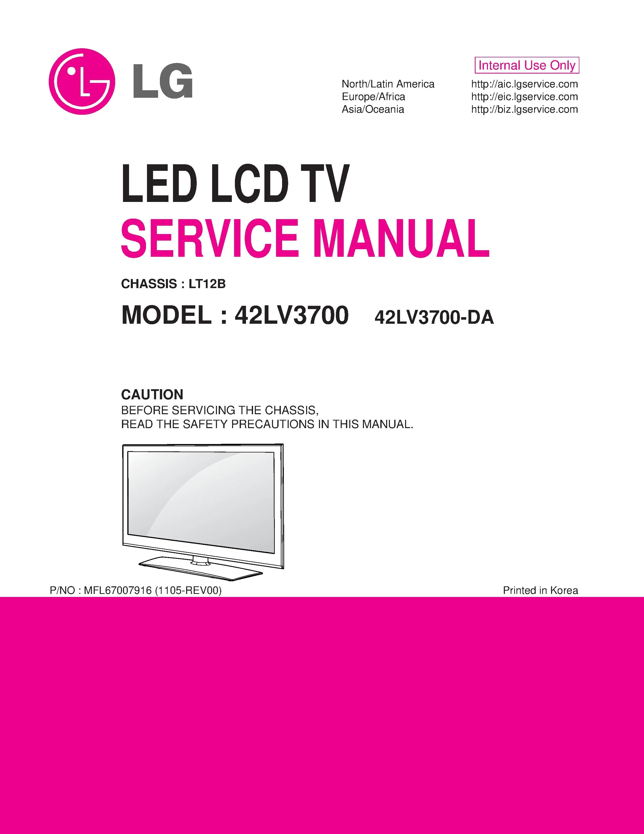 Lg 42lv3700 da service manual cover with photo's of Beko dryers, model code and contents
