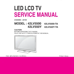 Lg 42lv5500 ta service manual cover with photo's of Beko dryers, model code and contents