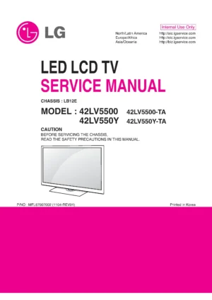Lg 42lv5500 ta service manual cover with photo's of Beko dryers, model code and contents