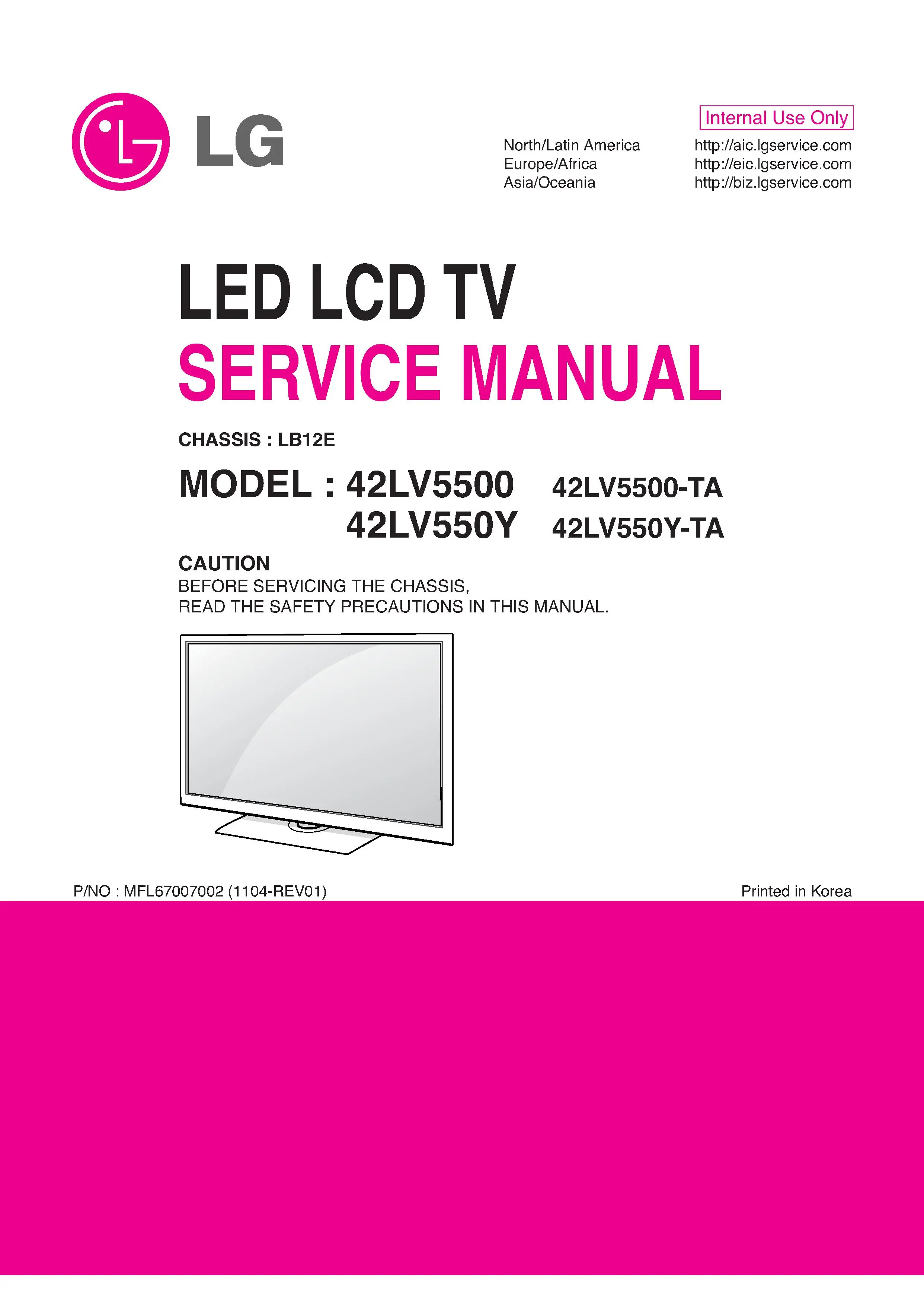 Lg 42lv5500 ta service manual cover with photo's of Beko dryers, model code and contents